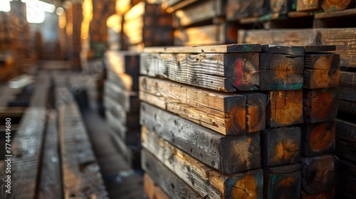 A close up of a stack of wooden planks in an industrial setting, AI