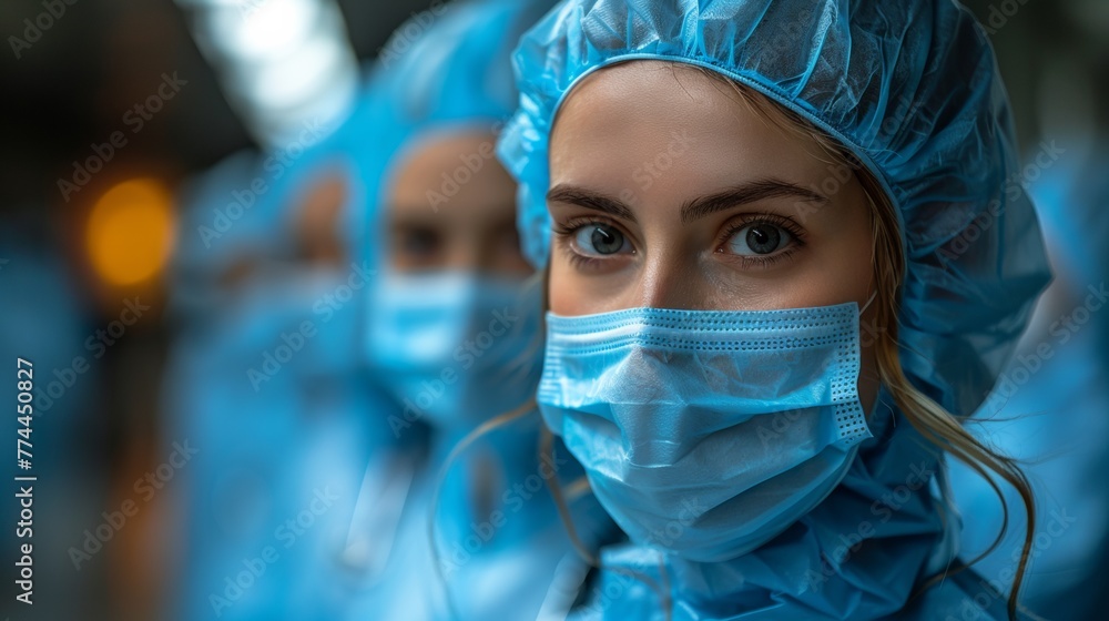 A group of medical workers in blue surgical gowns and masks, AI A group of medical workers in blue surgical gowns and masks, AI