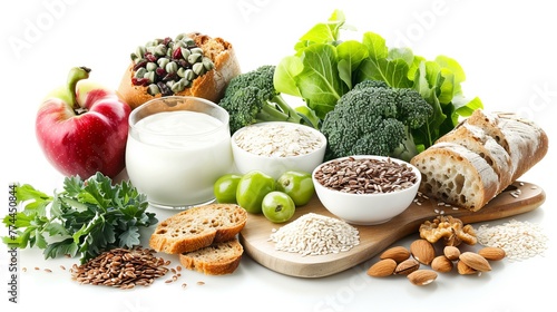 Foods good for gut health like kefir, probiotics, leafy greens, apples, fiber-rich foods, dried fruits, nuts, pepper, whole grain bread, grains, broccoli photo
