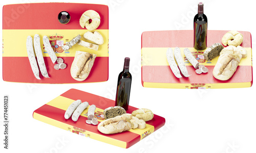 Fototapeta Naklejka Na Ścianę i Meble -  Spanish Cuisine Delights on Vibrant National Flag with Wine and Bread