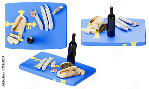 Asturian Culinary Delights on Regional Flag with Wine and Hearty Breads
