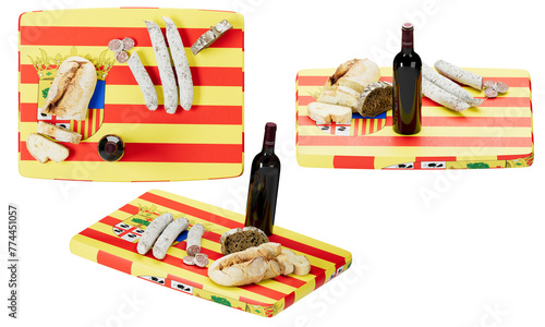 Obraz na płótnie Aragonese Flavors on Flag: Wine, Chorizo, and Bread Assortment w salonie