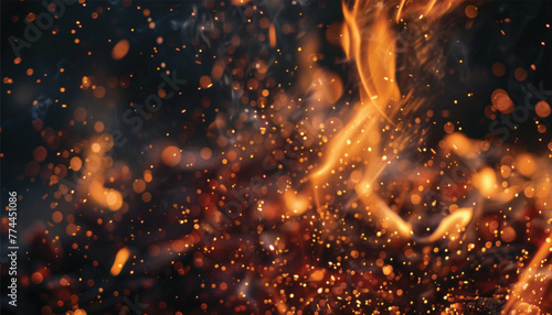 Burning sparks flying. Beautiful flames. Detail of fire sparks isolated on a black background. Fire flames on black background