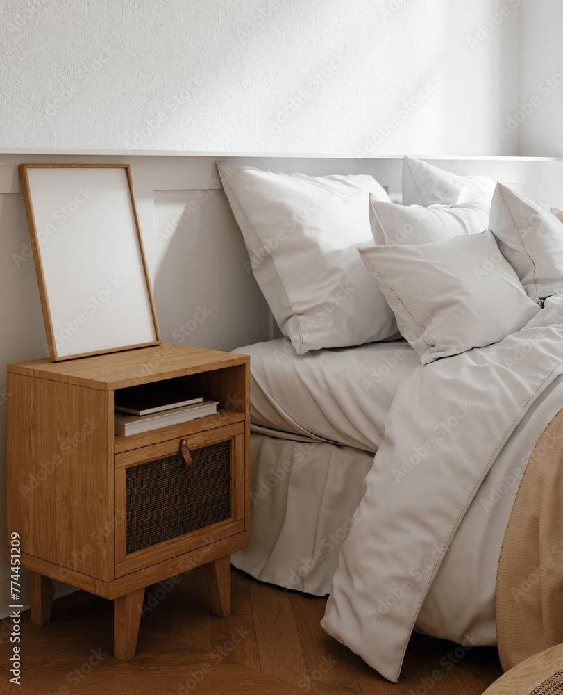 Mockup frame in light cozy and simple bedroom interior background, 3d render - obrazy, fototapety, plakaty 