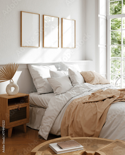 Mockup frame in light cozy and simple bedroom interior background, 3d render