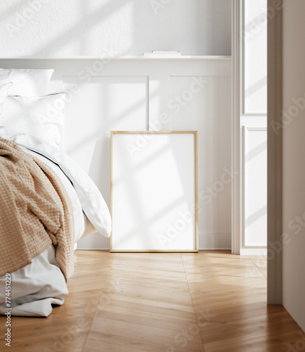 Mockup frame in light cozy and simple bedroom interior background, 3d render