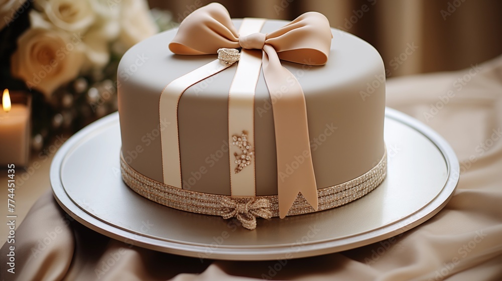 Cake with a hand-stitched fondant ribbon and a monogram brooch. Cake with a hand-stitched fondant ribbon and a monogram brooch.