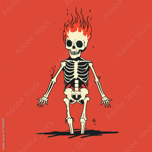 A fiery skeleton on an orange background