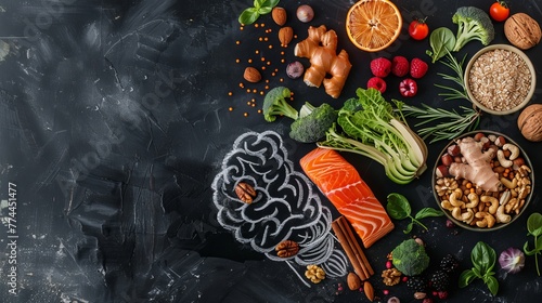 A chalk drawing of a brain with foods like salmon, veggies, nuts, and berries around it on a black background. These foods help the brain work better. There's space for text at the top.