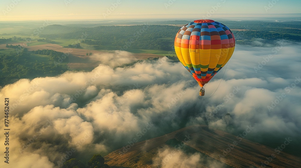 Fototapeta premium Colorful hot air balloon gracefully floats amidst the clouds.