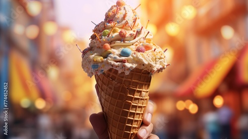 Ice cream cone with colorful sprinkles.