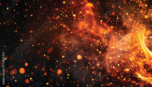 Burning sparks flying. Beautiful flames. Detail of fire sparks isolated on a black background. Fire flames on black background