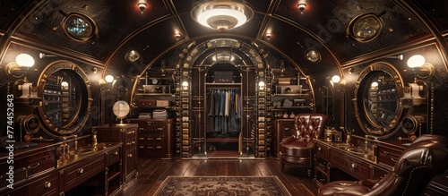 Lavishly Furnished Victorian-Inspired Steampunk Airship Dressing Room with Brass Accents and Leather Armchairs