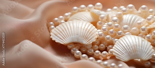 Pink cloth adorned with various pearls and shells, creating a delicate and elegant display