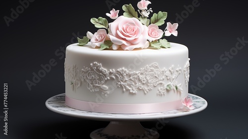 Cake with a vintage lace pattern piped in frosting and a single, elegant sugar rose.