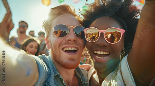 Happy young couple having fun at a music festival  dancing and taking a selfie in a crowd of people on a summer day.  Generative AI