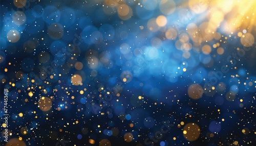 background of abstract glitter lights. blue, gold and black. A close-up view of a blue and gold background with stars. Suitable for celestial, festive, or glamorous designs. photo