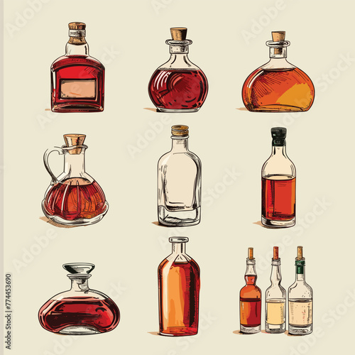 Vintage liquor bottles sketch in warm hues. 