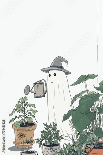 Ghost in witch hat tends plants, whimsical art.
