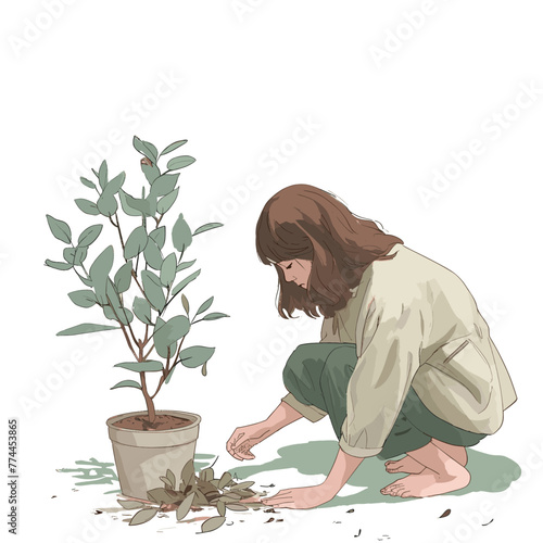  Gentle care for green plant, serene art.