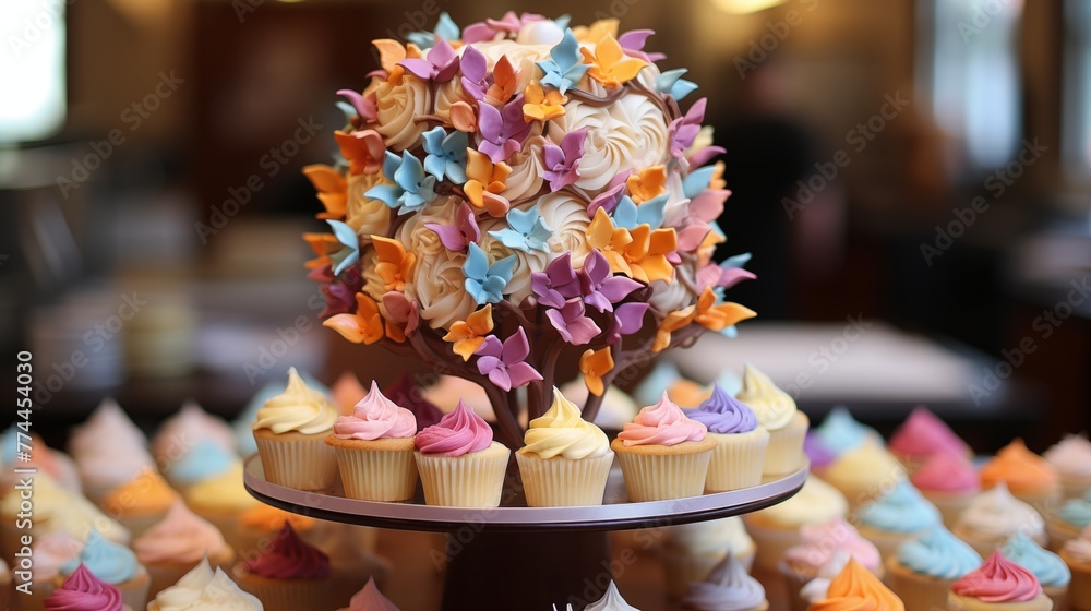 Cupcake tower resembling a tree with colorful frosting leaves and tiny bird figurines.