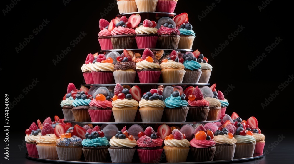 Cupcake tower with different flavors and colorful decorations, with each cupcake displaying a number (1-100) using frosting.