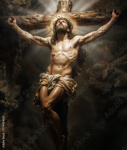 The image depicts Jesus Christ crucified on a wooden cross, crown of thorns, white robe, blood dripping from his wounds, surrounded by a dark sky and clouds, light burst behind his head. Copy space.