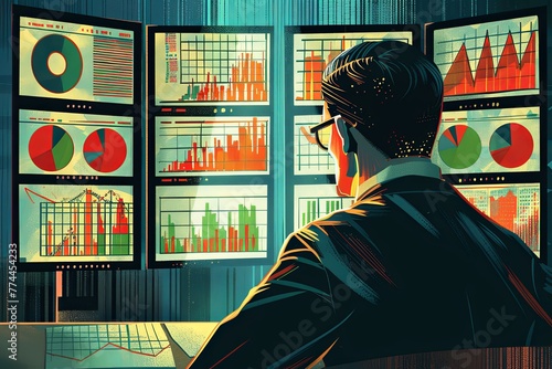 A man is deeply focused on analyzing market trends displayed on a computer monitor. Generative AI