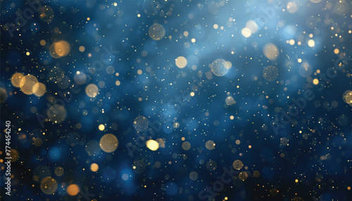 background of abstract glitter lights. blue, gold and black. A close-up view of a blue and gold background with stars. Suitable for celestial, festive, or glamorous designs.