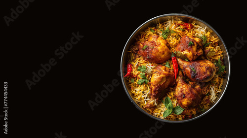 A top-down view of dum biryani with chicken and red chili peppers isolated on dark background. food photography for blogs or recipe book