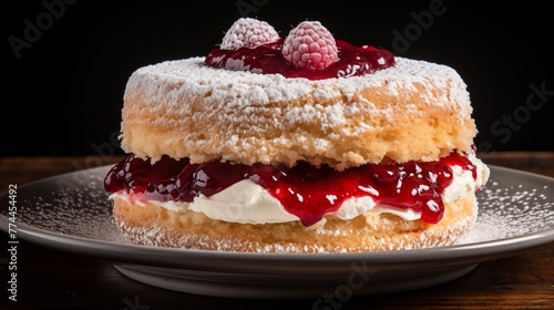 English Victoria Sponge cake with layers of vanilla cake, raspberry jam, and whipped cream, dusted with powdered sugar.