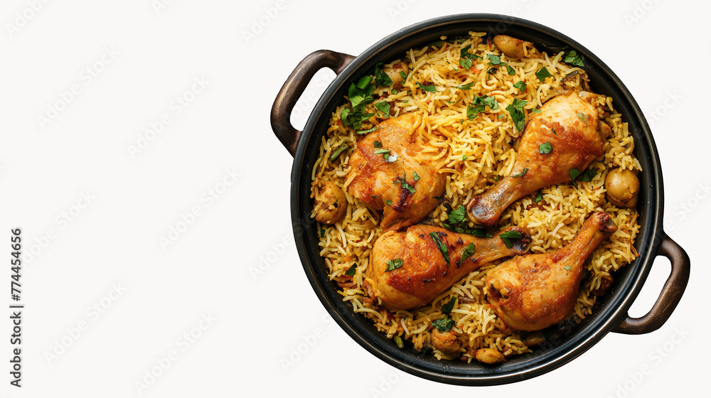 Delicious biryani with chicken, rice and spices on a white background. Indian food traditional authentic  food concept