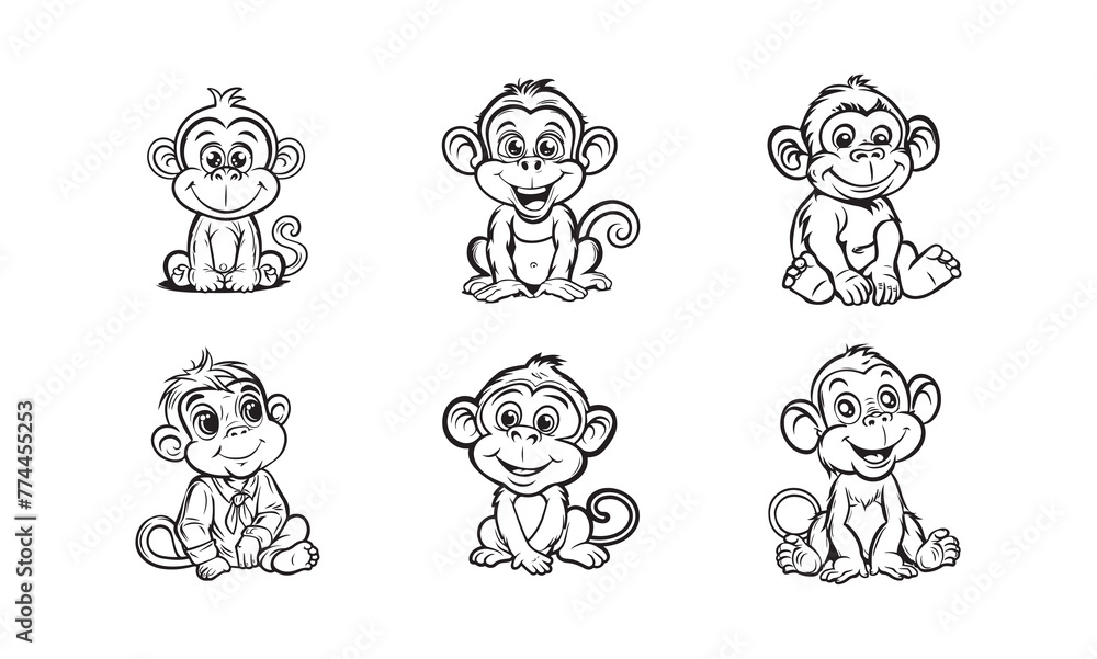 Set of Cartoon Monkey black vector outline line art clipart silhouette. Stroke illustration design white background Set of Cartoon Monkey black vector outline line art clipart silhouette. Stroke illustration design white background