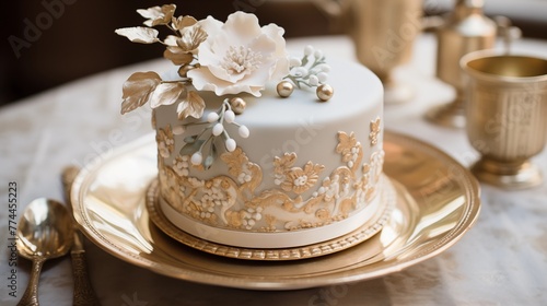 Gilded cake with a vintage brooch as a cake topper and piped calligraphy lettering. © Salman