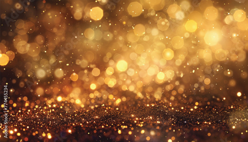 Golden abstract bokeh on a black background. Holiday concept. Abstract luxury swirling gold background with gold particles. Christmas Golden light shine particles. Gold foil texture.