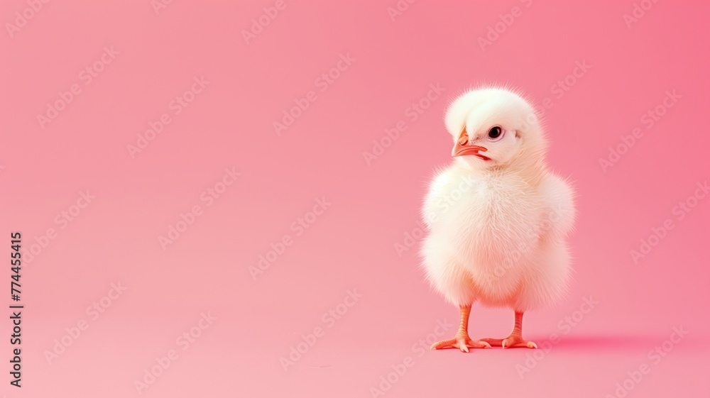 A fluffy white chick standing alone against a soft pink background