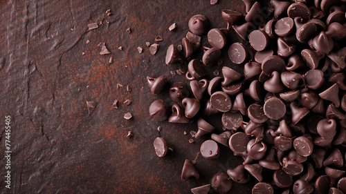 Scattered chocolate chips and shavings on a dark wooden surface