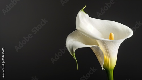 A single white calla lily against a dark background  displaying its elegant curves and yellow spadix