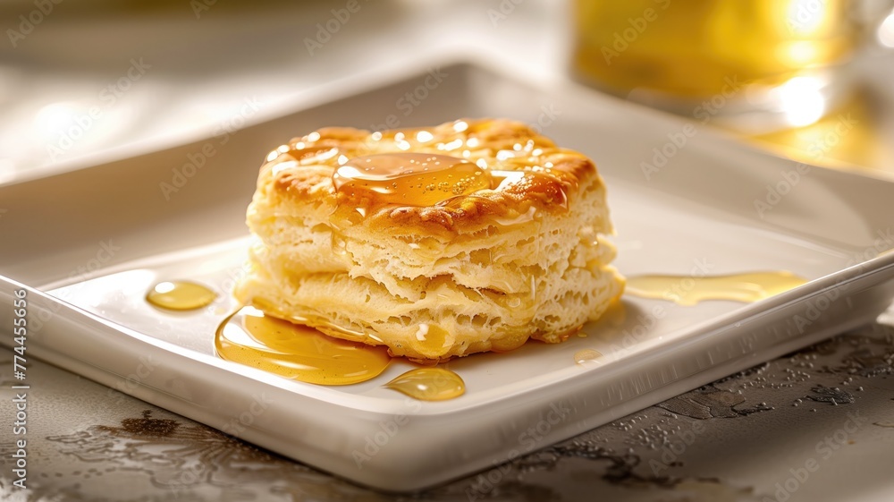 Golden, flaky pastry drizzled with honey on a white square plate, blurred background Golden, flaky pastry drizzled with honey on a white square plate, blurred background