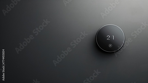 A modern, smart thermostat set to 21 degrees on a dark wall photo