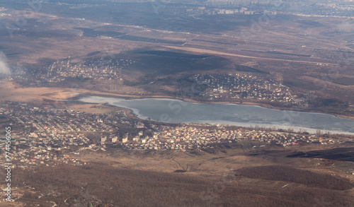 Aerial photography. Chisinau, Moldova, view from the airplane window. Winter panorama.