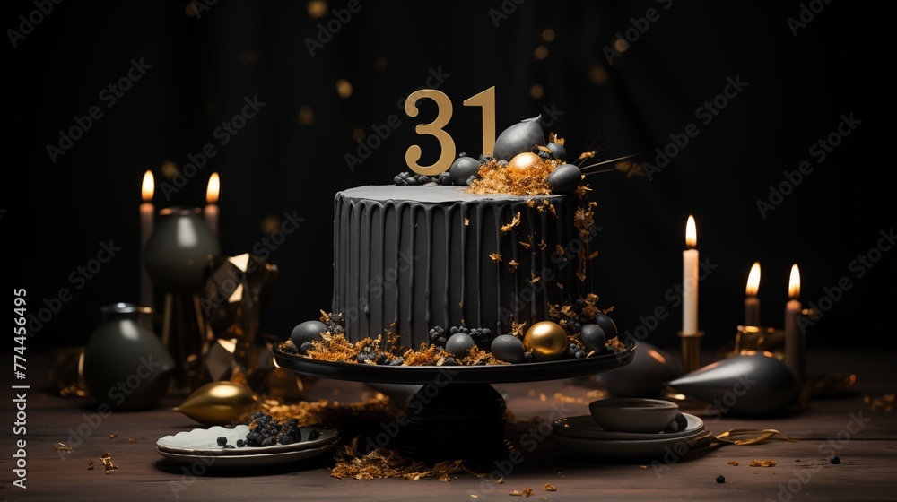 Matte black cake with metallic gold lettering spelling out the birthday age.