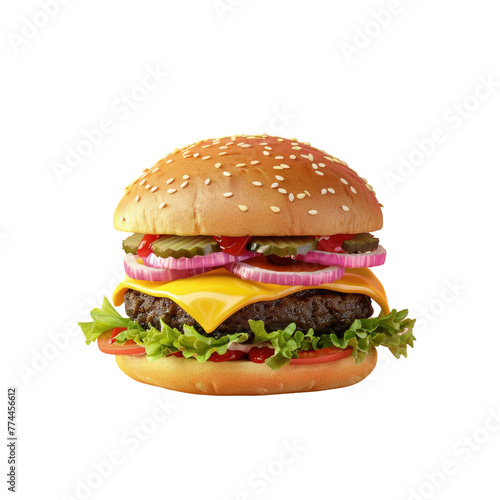 A close up of a hamburger with cheese  onions  and lettuce