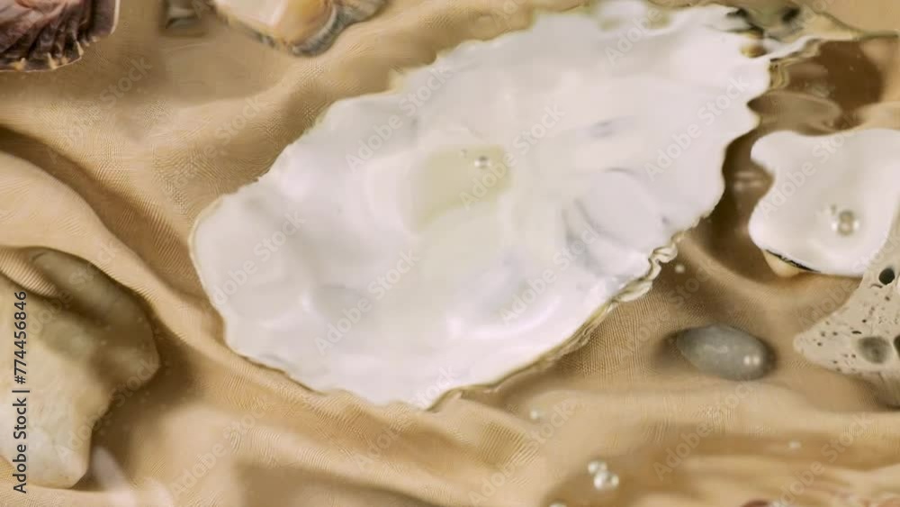 Imitation of the seabed. Oyster and scallop shells, sea pebbles on sand-colored fabric underwater. Ripples on the surface of clear water. Imitation of the seabed. Oyster and scallop shells, sea pebbles on sand-colored fabric underwater. Ripples on the surface of clear water.