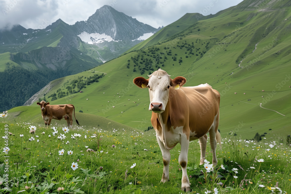 Obraz premium Two cows standing in a green field with mountains in the background