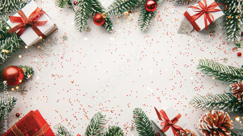 Christmas composition. Gift box, christmas decorations on red background. Flat lay, top view, copy space. Christmas decorations on table background mockup.