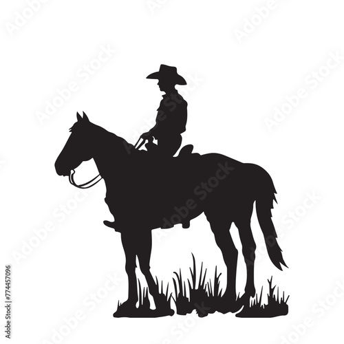 Cowboy on horse sitting holding lariat black vector silhouette illustration  grass  white background