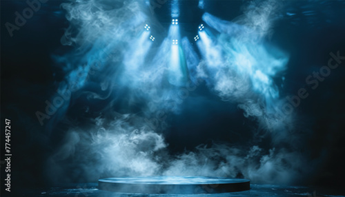 The dark stage with smoky dark blue background. an empty dark room with window shadows for display products. Concert stage with blue spotlight.