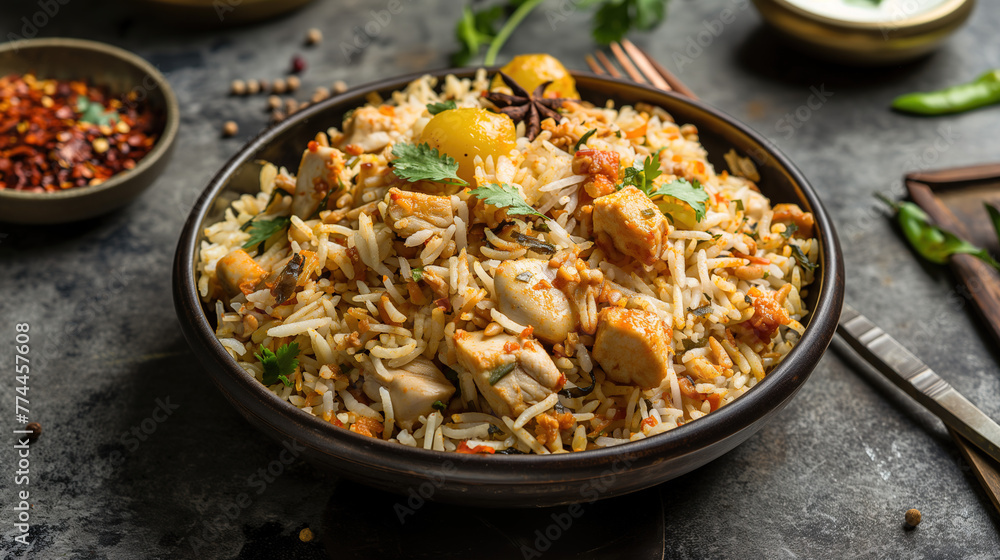  food photography of chicken biryani in a bowl, on a dark grey background with a fork, colorful spices around the rice,