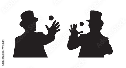 Magician man doing magic tricks black vector silhouette illustration white background